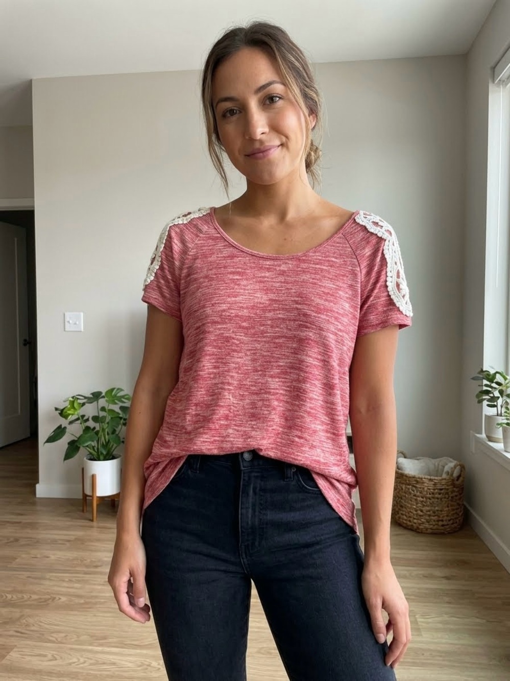 Almost Famous high-low t-shirt with lace detail sleeves
